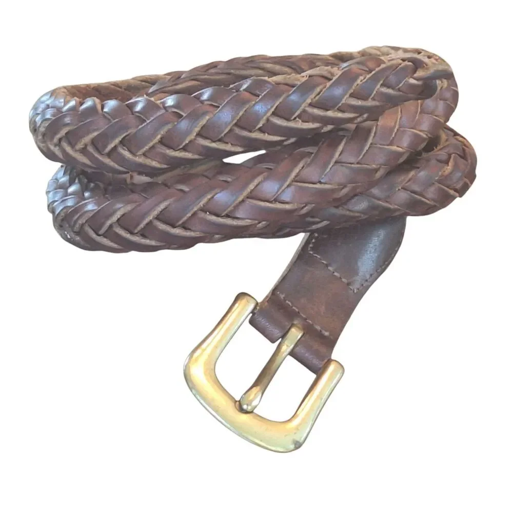 Vintage Brighton Braided Bullwhip Leather Belt Solid Brass Buckle Crafted in USA